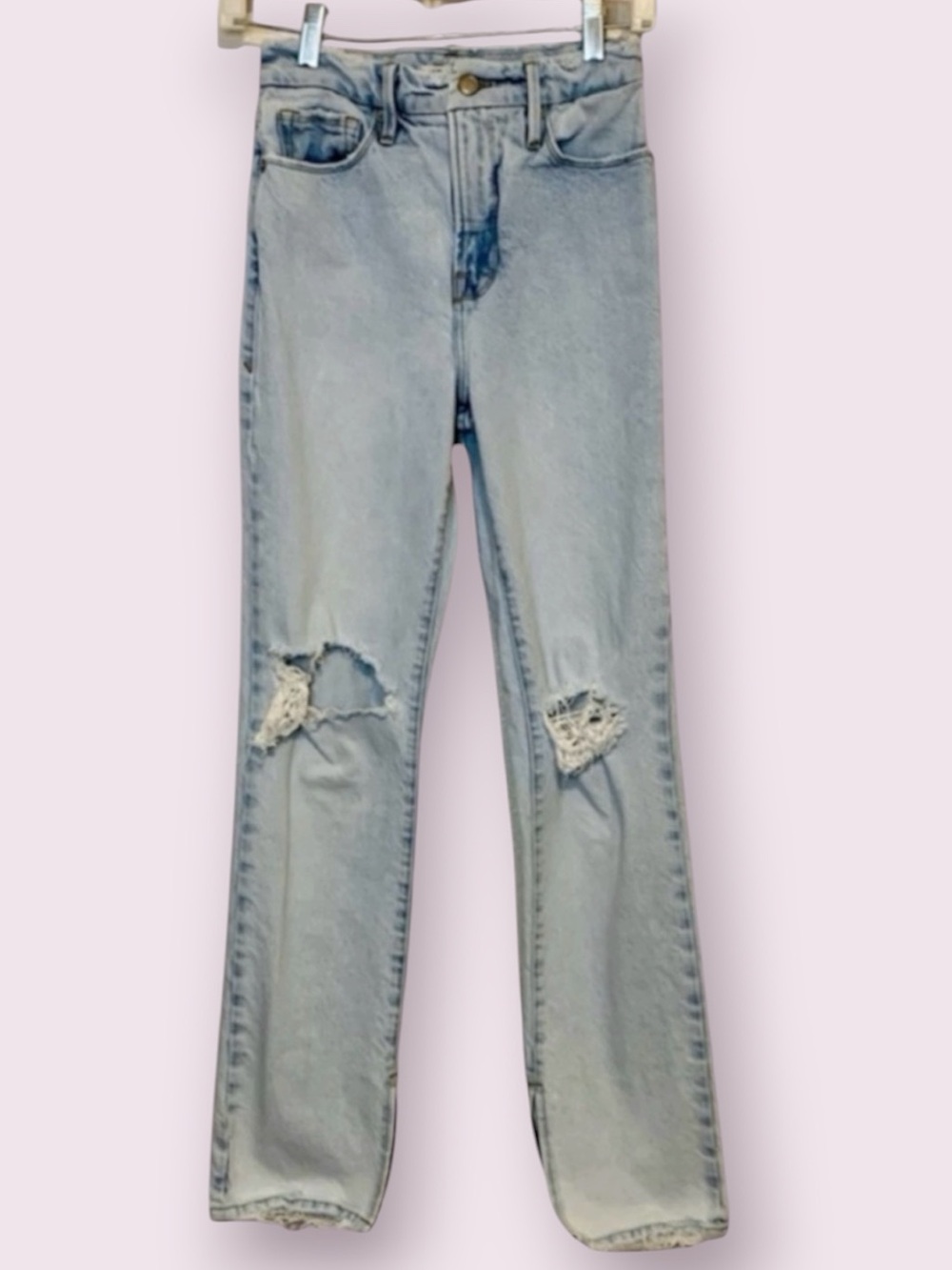 Good American Good Boy Split Hem High Waist Distressed Jeans Light Wash Size 24